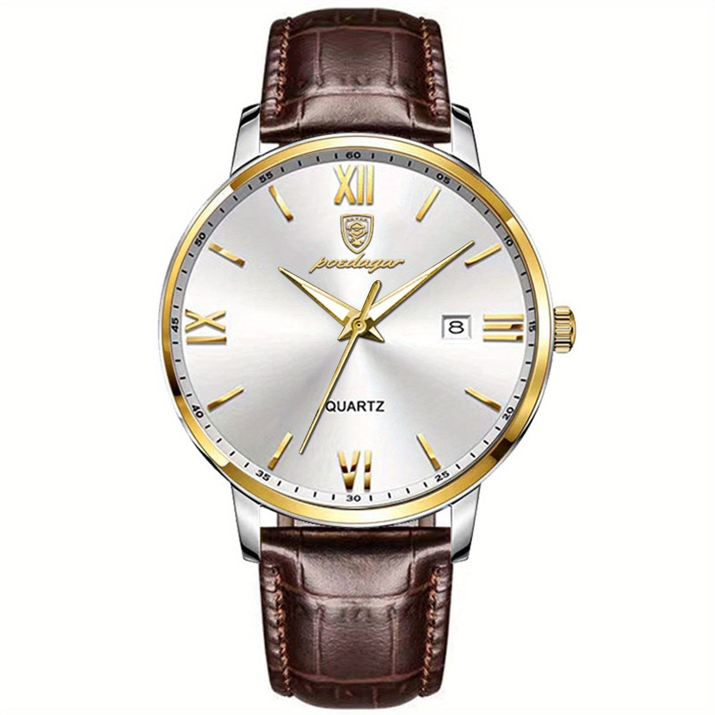 Casual Trendy Quartz Watch for Men with Luminous Calendar and PU Leather Band by POEDAGAR