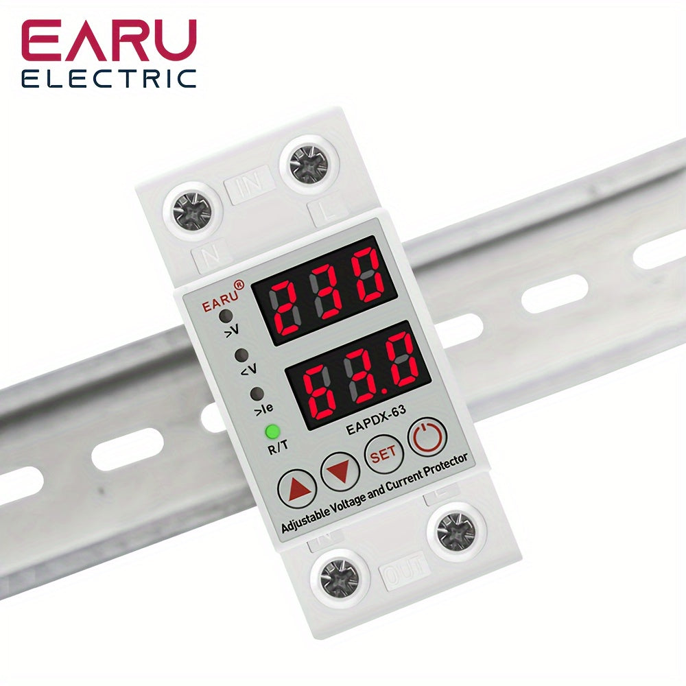 1pc 40A/63A 230V Din Rail adjustable over/under voltage protector relay with hardwired power mode, operating voltage of 85V-265V, no battery needed, adjustable power supply voltage.