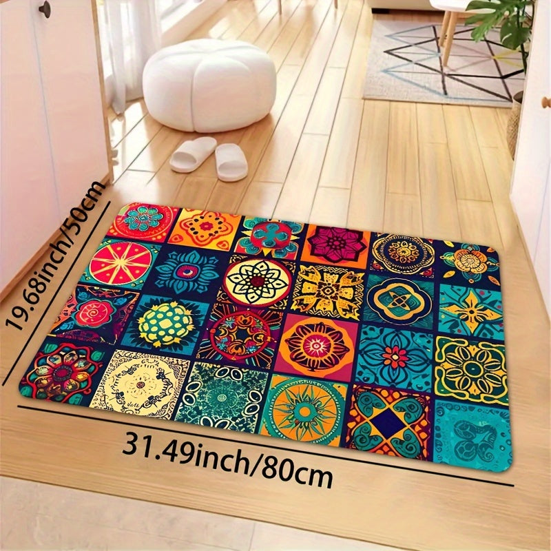 1pc Bohemian Square Floor Mat, Non-Slip, 8mm Thick, Machine Washable Polyester - Ideal for Various Indoor and Outdoor Spaces