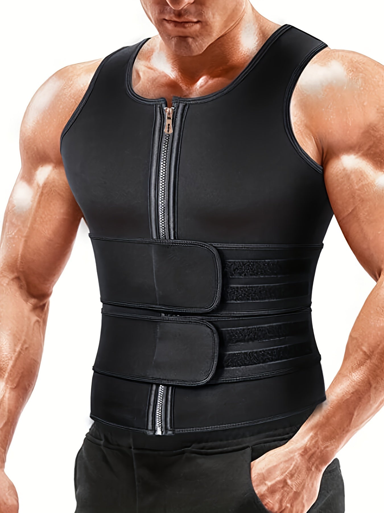 Men's neoprene sauna vest with double belt for intense sweating during sports or gym workouts.