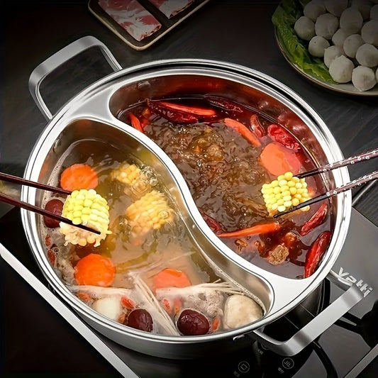 Stainless Steel Dual-Compartment Hot Pot for Induction Cooktops, Chinese Style with Divider, Two Flavors Sharing Design