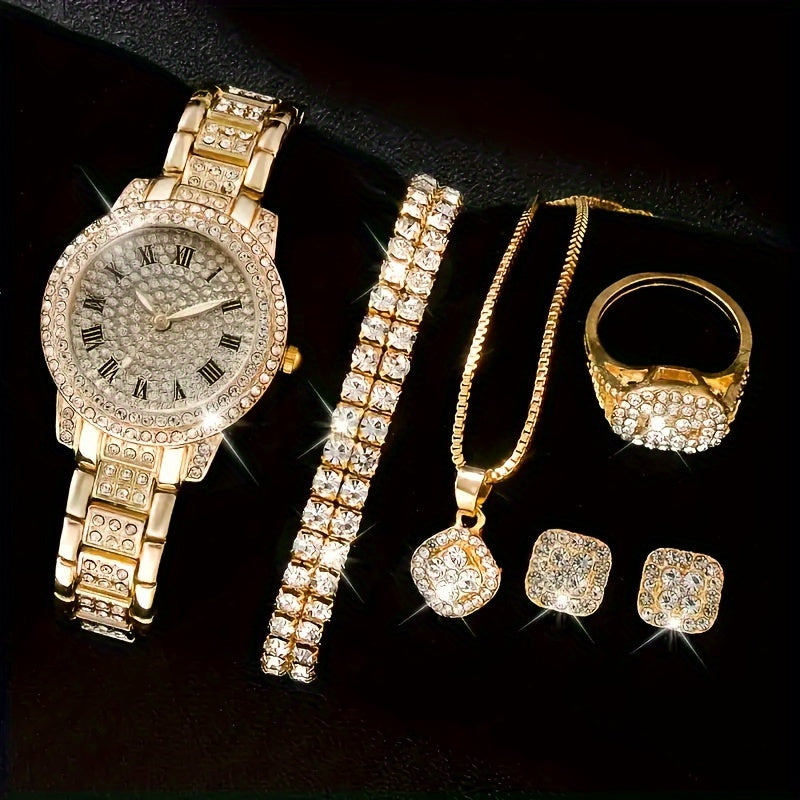 Set of 7 Women's Golden Quartz Watch & Jewelry, includes minimalist wristwatch, necklace, bracelet, ring, and stud earrings.