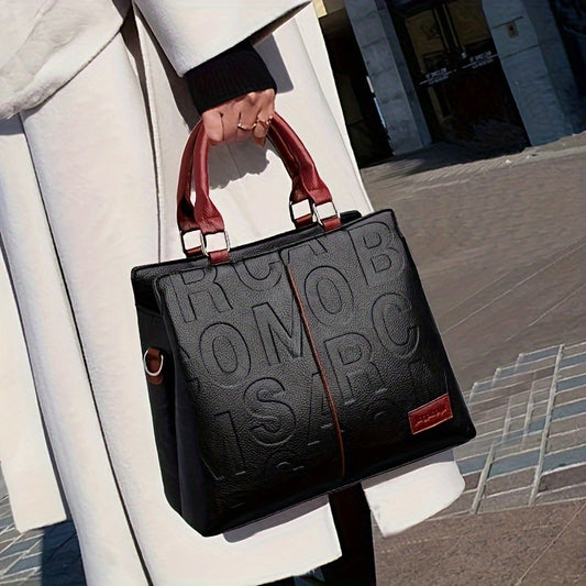 Women's Fashion Tote Bag with Embossed String Pattern, Red & Dark Brown PU, Zip Closure, Polyester Lining, Removable Strap, Dry Clean Only