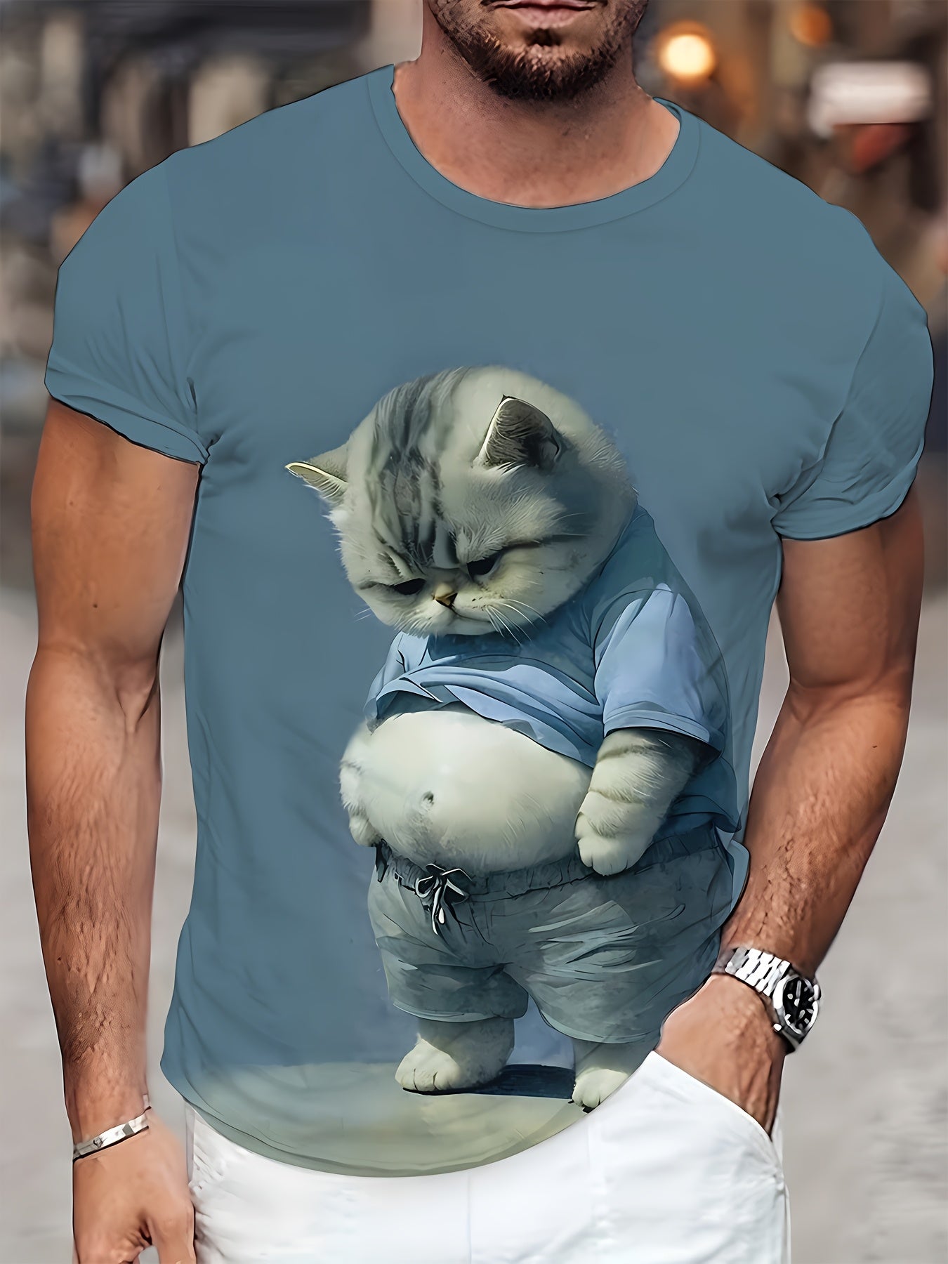 Men'S 3D Cartoon Cat Print T-Shirt, Regular fit tee made of 90% Polyester and 10% Spandex with crew neckline and slight stretch for daily wear & outdoor activities.