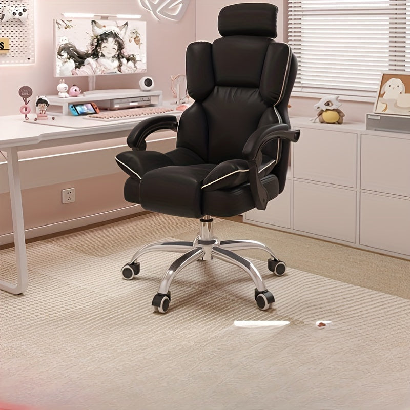 Ergonomic office chair with adjustable height, metal frame, upholstered seat, automatic lumbar support, and wheels for home and gaming.