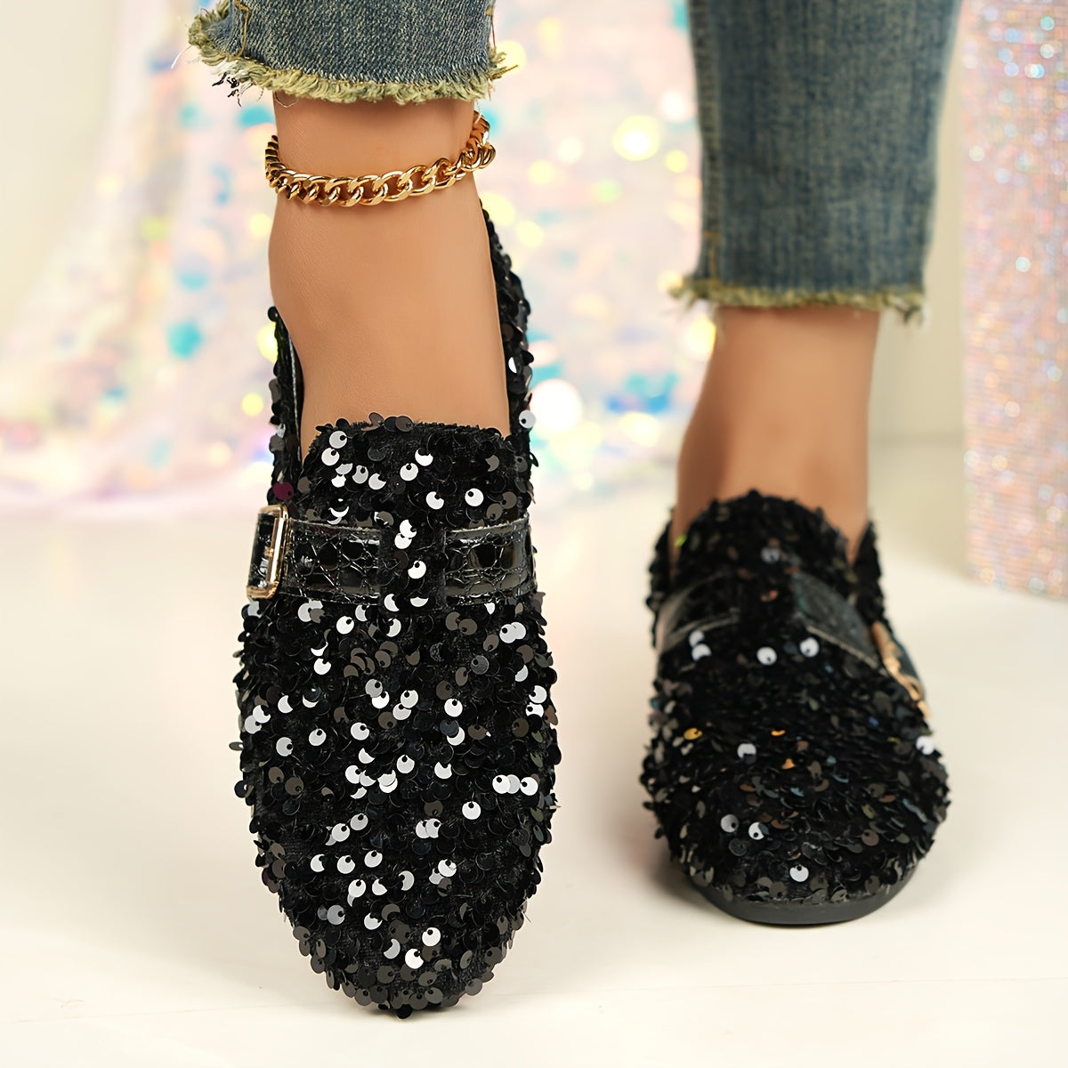 Women's sequin embellished Mary Jane flats with casual round toe slip-on design, all-season comfort, man-made upper & inner, rubber sole, fabric insole, perfect for carnival, Mardi Gras