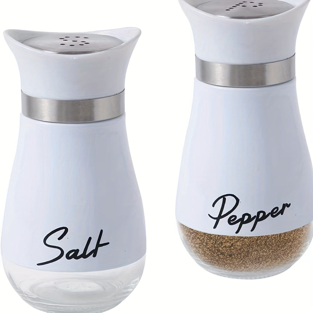 One set of 4 oz glass salt and pepper jars with stainless steel lids, perfect for kitchen, RV, camping, BBQ. Refillable design. Two jars in a set.