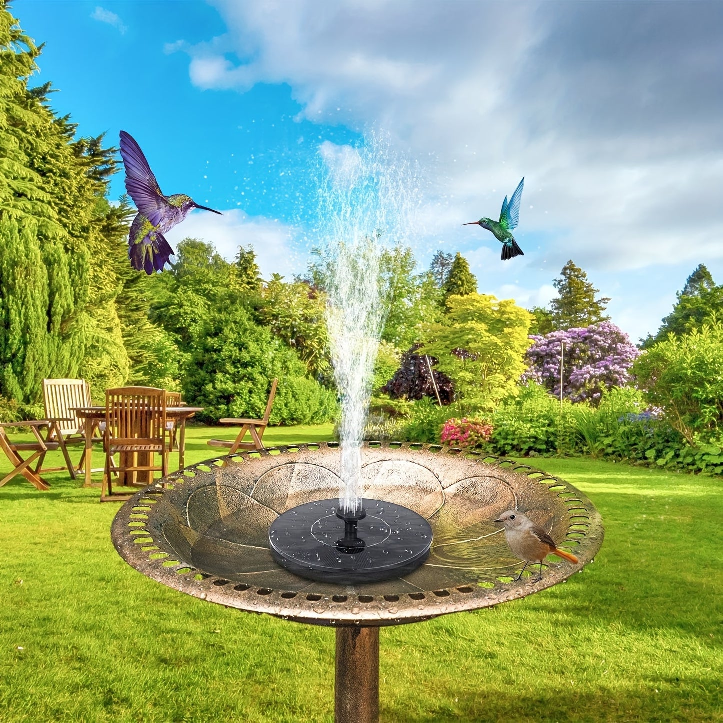 Solar-powered floating bird bath fountain pump for garden, pond, and pool.