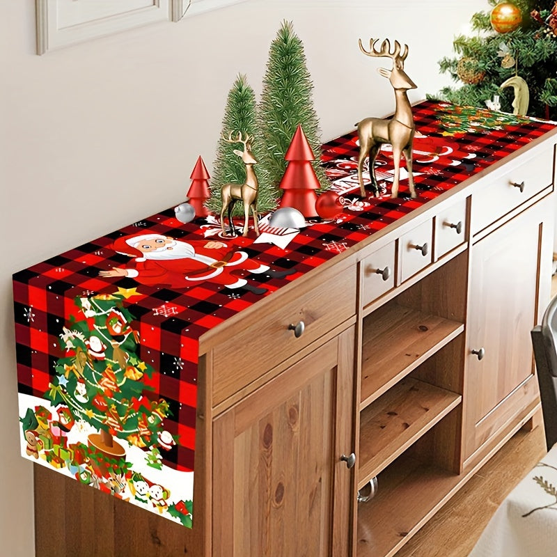 Polyester table runner featuring Santa Claus and reindeer designs, perfect for holiday gatherings and winter home decoration.