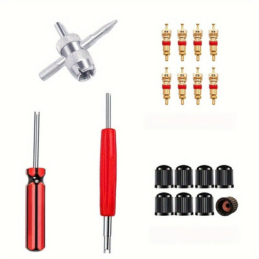 Set of tools for repairing air conditioners, includes a dual-headed wrench, 8 brass valve cores, and 8 upgraded plastic caps. Made of metal construction and does not require electricity.