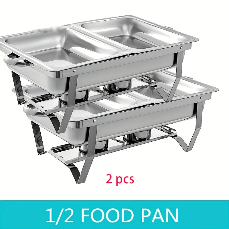 One set of 8QT Stainless Steel Chafing Dishes, includes Full & Half Pans and Foldable Stand. Ideal for Weddings, Parties, Banquets, Catering and Events. Comes with 1 full and 1 half piece.