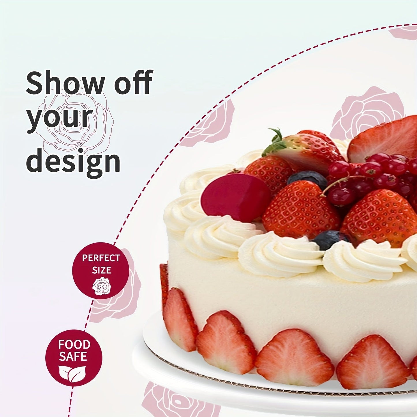 Get a pack of 20 high-quality white cake boards, available in 4 different sizes (15.24/20.32/25.4/30.48 cm round). Made from food-grade cardboard, these bases are perfect for creating beautiful cakes and desserts for special occasions like Valentine's