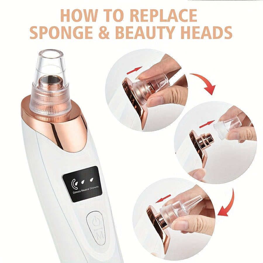 Sunhill Blackhead Remover Vacuum with 5 suction levels, USB charging, and 400mAh lithium polymer rechargeable battery. Includes 4 beauty heads for multifunctional cleaning.