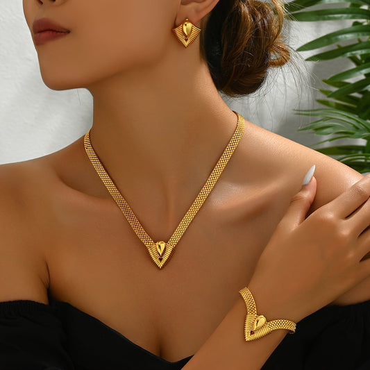 Set of 3 high-quality geometric V-shaped design jewelry pieces for women, including a necklace, bracelet, and earrings, all designed to accentuate the collarbone.