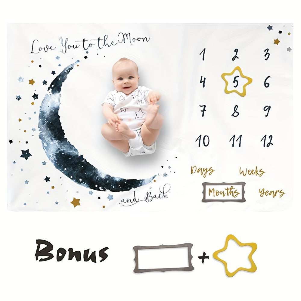 Moon-inspired milestone blanket for boys, perfect for capturing their first year growth progress. Measures 152.4cm x 101.6cm, made of machine washable polyester. Keep track of monthly milestones with this unique calendar design.