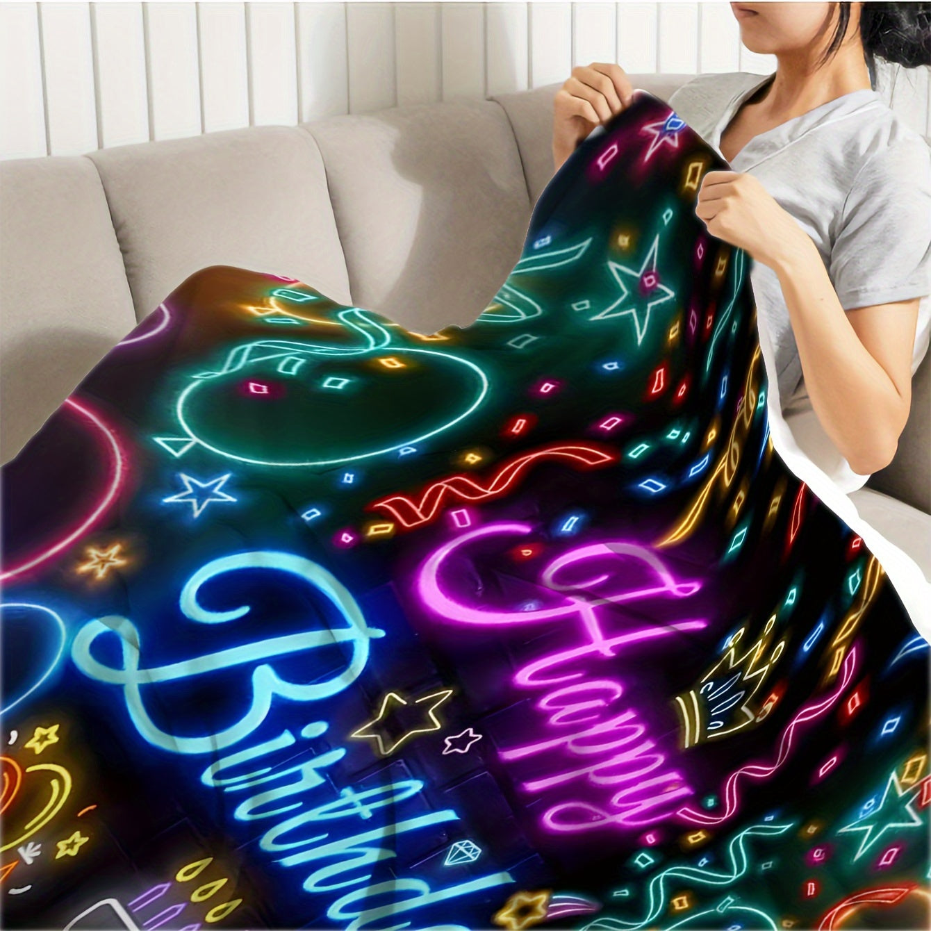 Flannel Throw Blanket for a Joyful Birthday - Featuring a Modern Design, Digital Knitted Print, Multi-functional Lightweight Throw for Couch, Bed, Work, Trips - Perfect All-Season Present, Made with 100% Polyester for Warmth and Comfort.