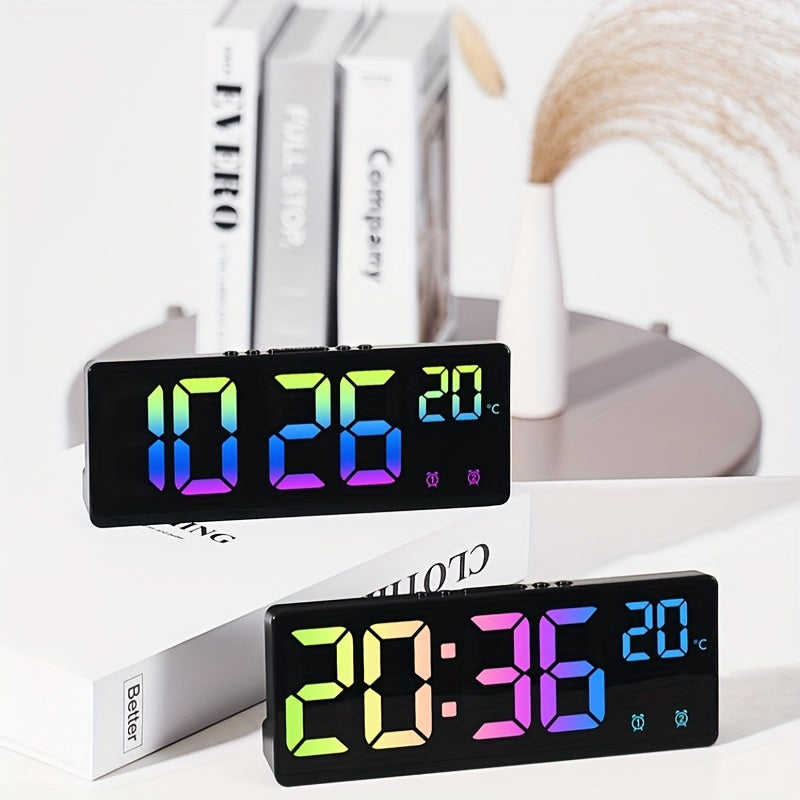 NieNie Digital Alarm Clock features voice control, dual alarm, night mode, adjustable brightness levels, snooze function, temperature and date display, USB powered, 12/24-hour time format, and a rectangular shape with a flat crown. The clock also has a