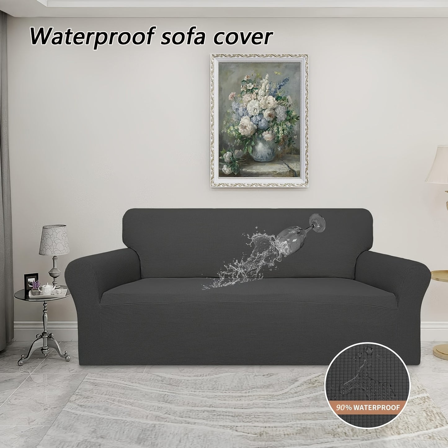 Modern waterproof sofa cover, pet-friendly and machine washable. Fits armchair to sectional sofas, suitable for home and office decor. Made of 95% polyester and 5% spandex.