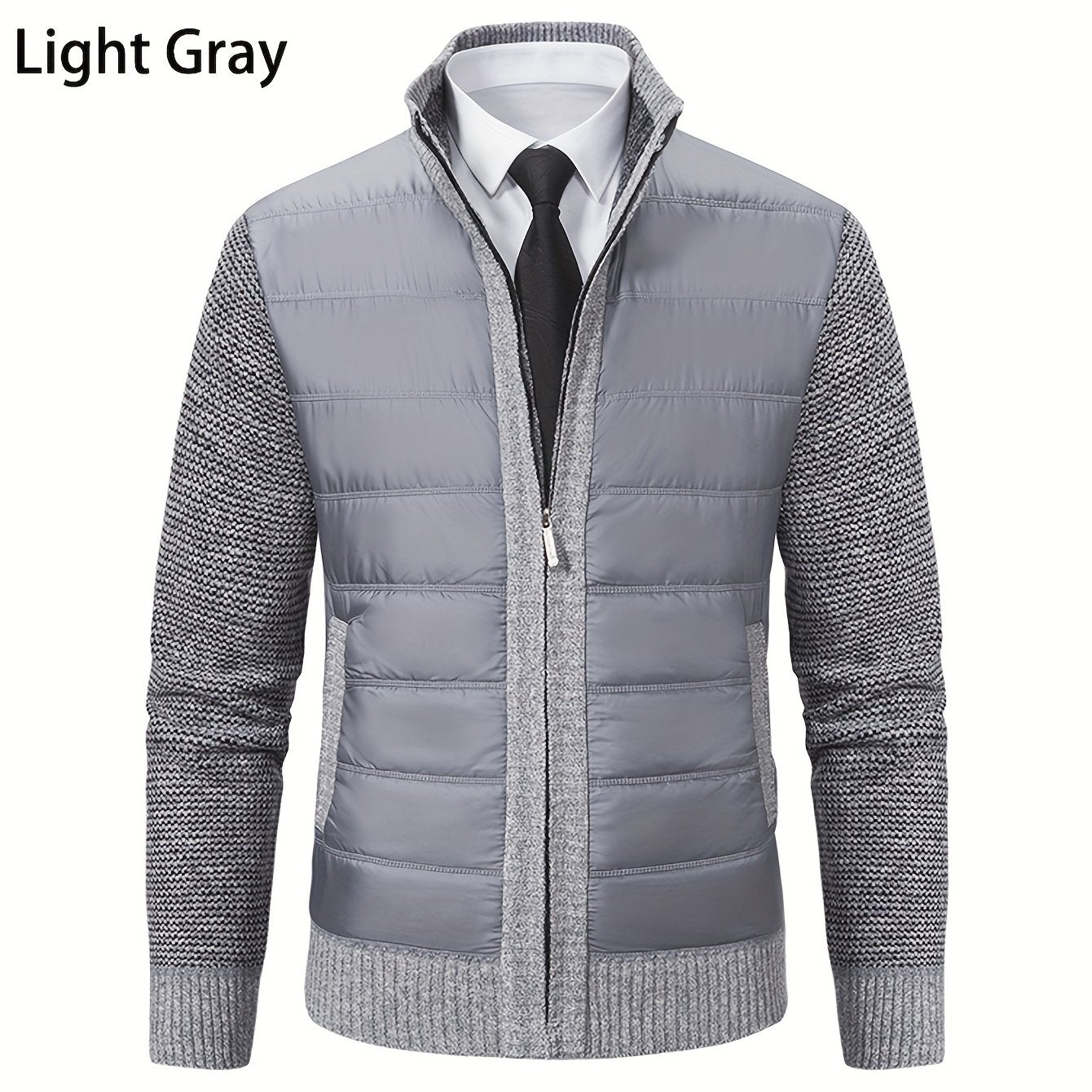 Men's casual knit jacket in 100% polyester with long sleeves and a mandarin collar. Solid light gray color with slight stretch and regular fit. Features woven placket, perfect for hiking