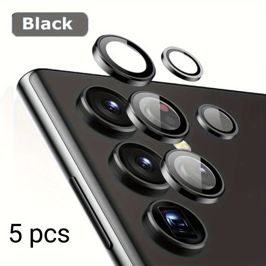 Set of 3 camera metal rings and tempered glass lens protectors for various Samsung Galaxy models.