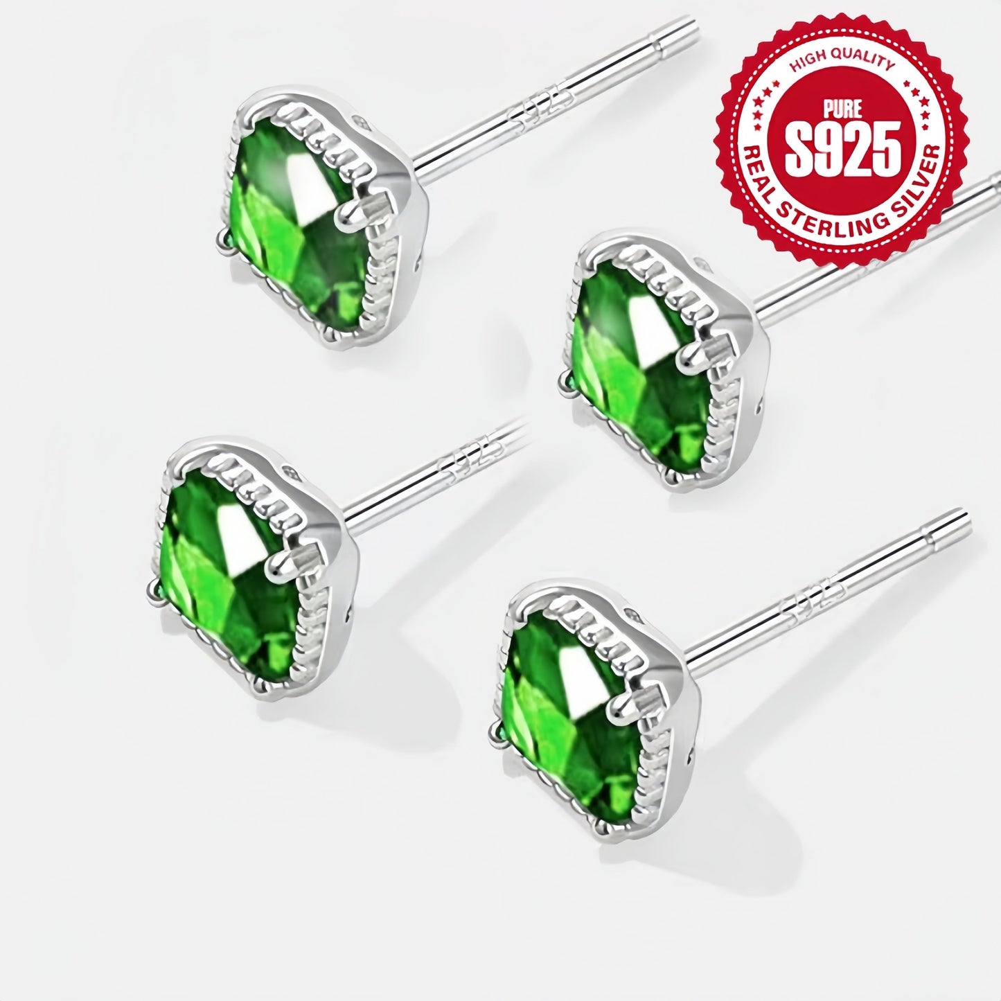 S925 Silver Square Earrings with Green Zirconia for Mother's Day, Vintage Grandmother Style, Lightweight at 1.4g per Pair, Hypoallergenic