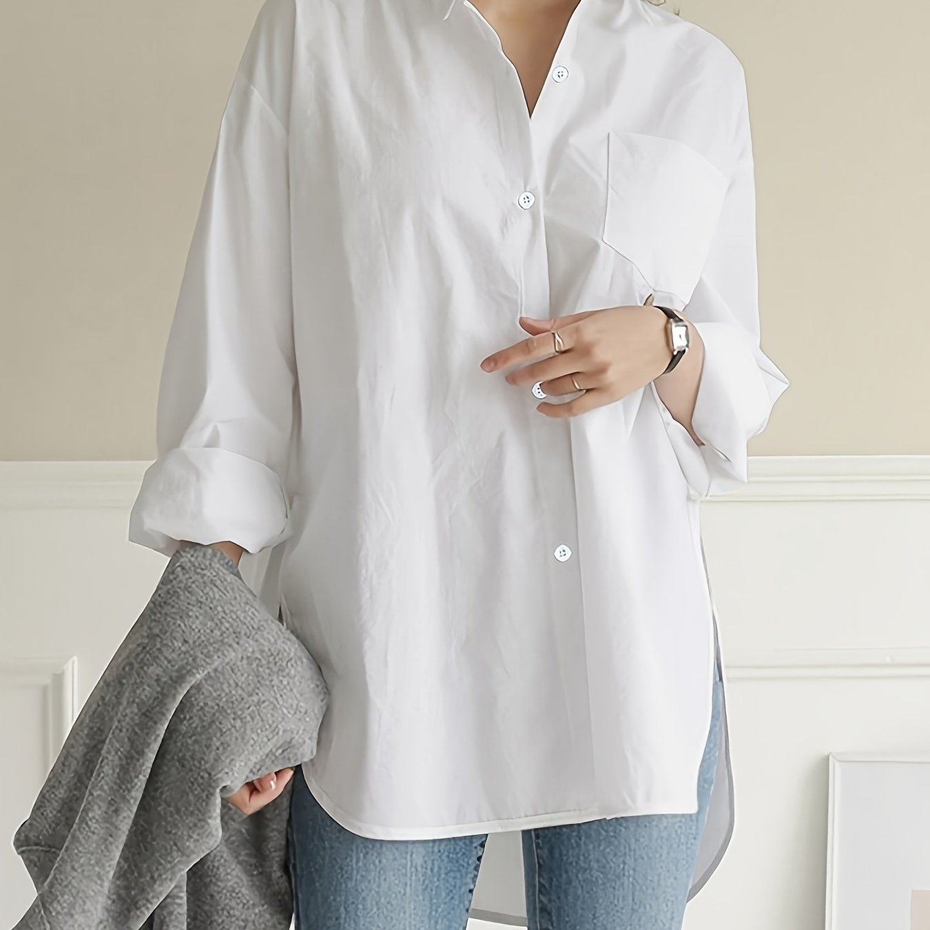 Women's white long sleeve button-up office shirt - loose fit, perfect for work or leisure in spring/fall.