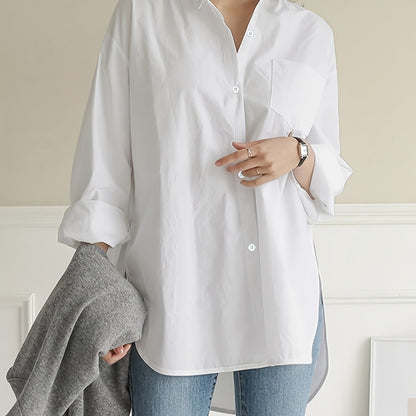 Women's white long sleeve button-up office shirt - loose fit, perfect for work or leisure in spring/fall.