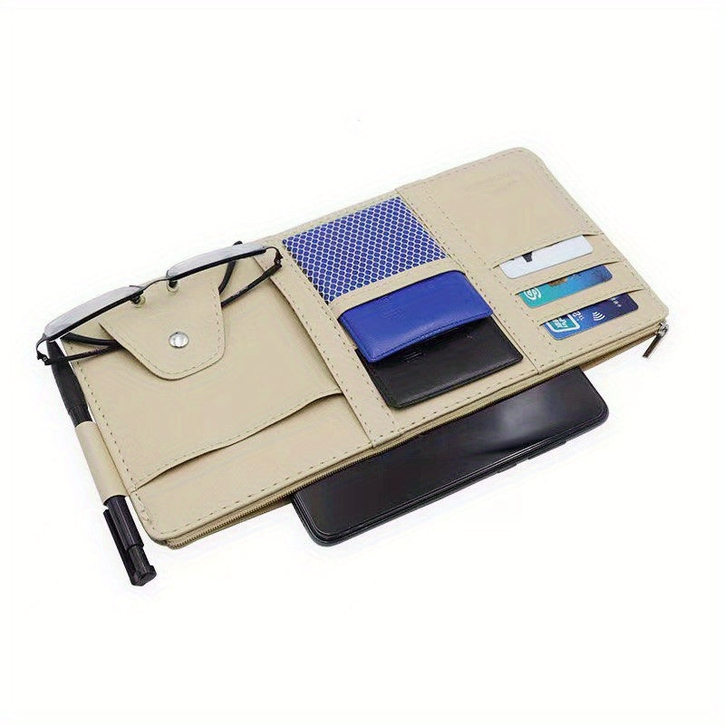 Car sun visor storage bag with multifunction card holder, driver's license, documents, and bills in PU leather. Includes car glasses clip for organization.