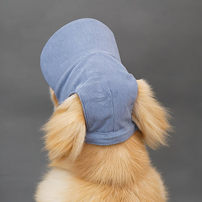 Adjustable dog baseball cap with ear holes made of breathable polyester, machine washable. Ideal for golden retrievers, labradors, and large breeds. Perfect for spring/summer/fall.