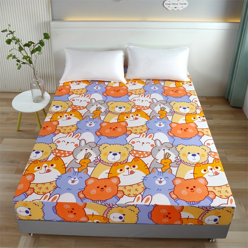 100% polyester single-layer bed sheet with a waterproof cartoon design. This machine washable sheet is designed to fit mattresses between 30-34cm high.