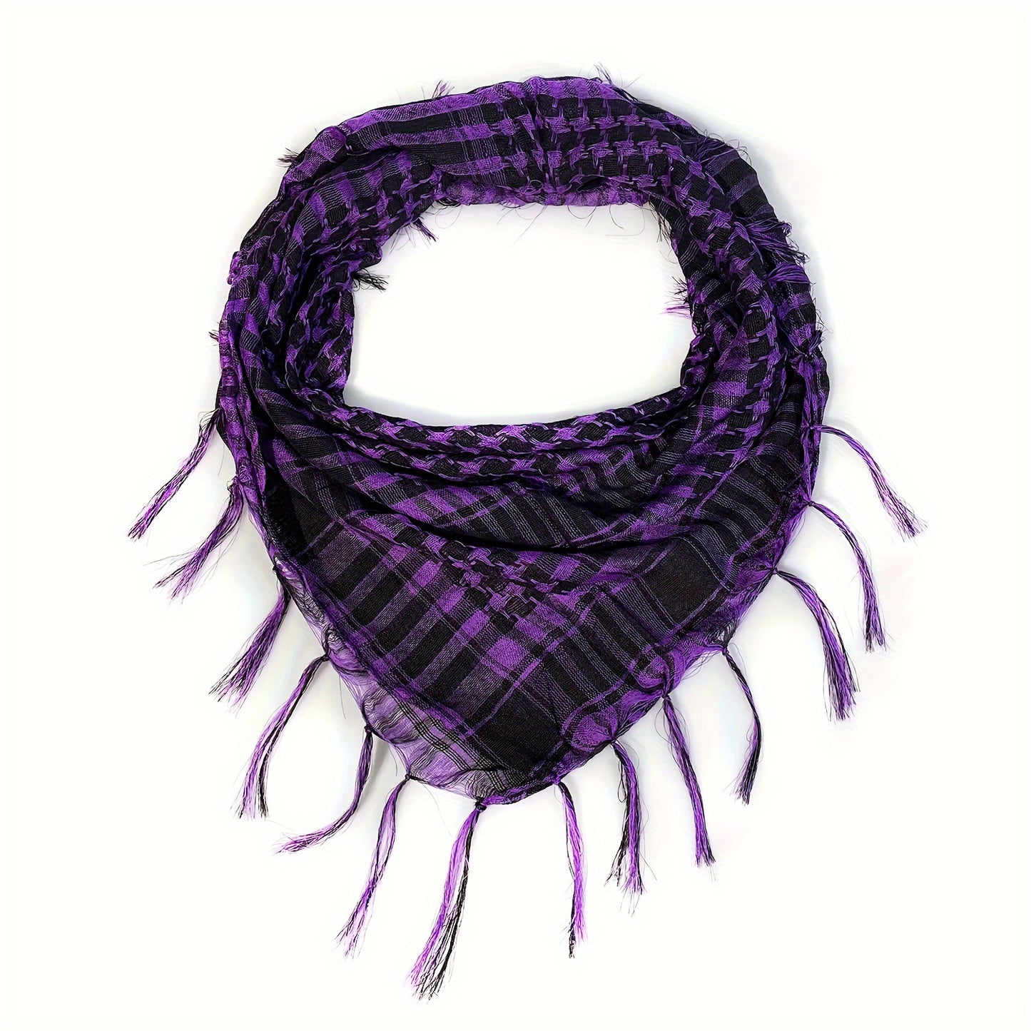 Lightweight Tactical Plaid Scarf - Windproof, Sand-Proof, All-Season Polyester Neck Warmer with Fringe Detail.