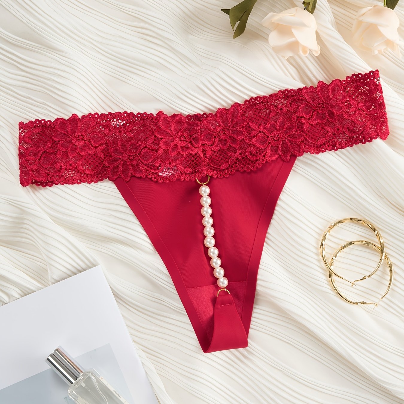 Single color lace thong with pearl chain detail