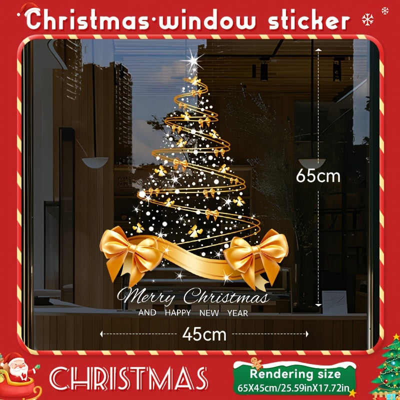 Get ready for the holidays with our festive Golden Christmas Tree static cling sticker! This UV printed sticker with a big bow is the perfect decoration for your bedroom, living room, or window. Made of waterproof PVC, this sticker is removable and