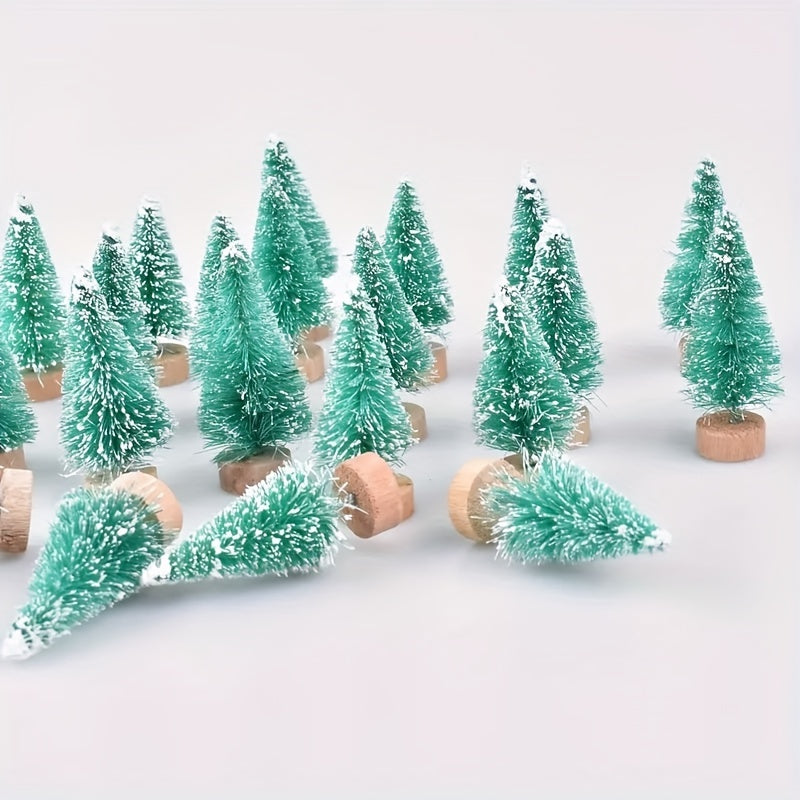 12 Mini Christmas sisal Snow Frost Trees with wooden bottle brush base for festive home decor.