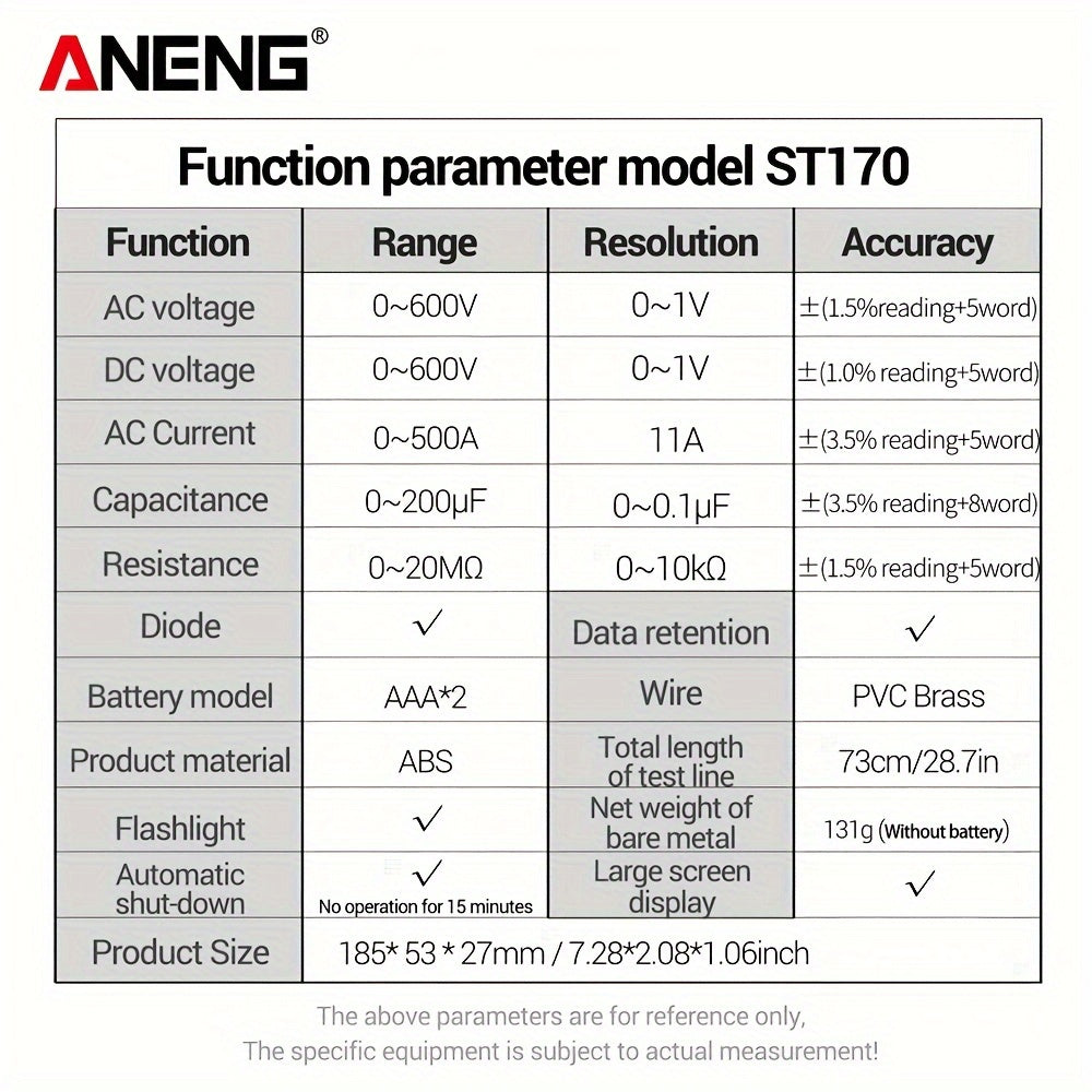 ANENG ST170 is a digital clamp meter with 500A AC current, 1999 counts, AC/DC voltage testing, Hz measurement, capacitance testing, non-contact voltage detection, resistance testing, and