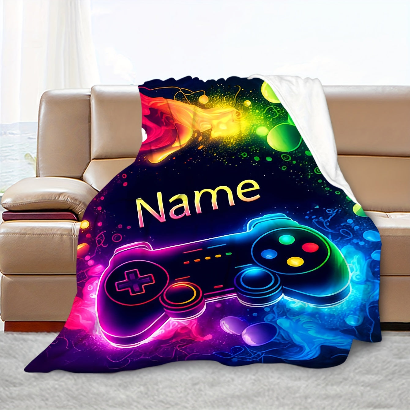 Stay warm and cozy with the 1pc CozyCraft Customizable Gaming Controller Pattern Throw Blanket. Made from lightweight flannel, this blanket is soft, warm, and allergy-free. With a digital print design, this versatile blanket is perfect for using on the