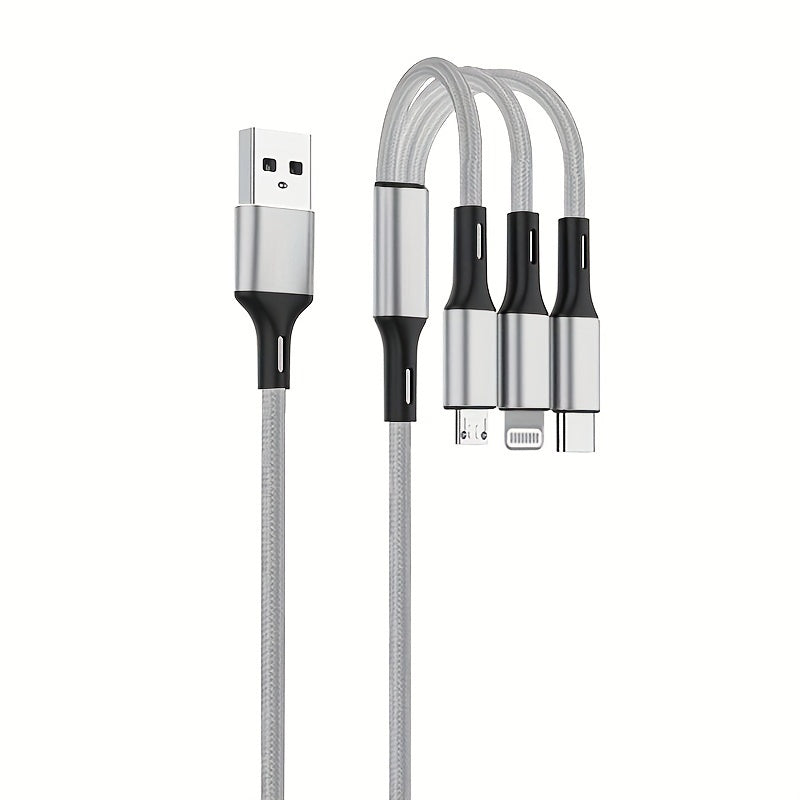 OLISHEN 3-in-1 nylon braided charging cable for various devices, 5-10W power, 149.35cm/118.87cm.