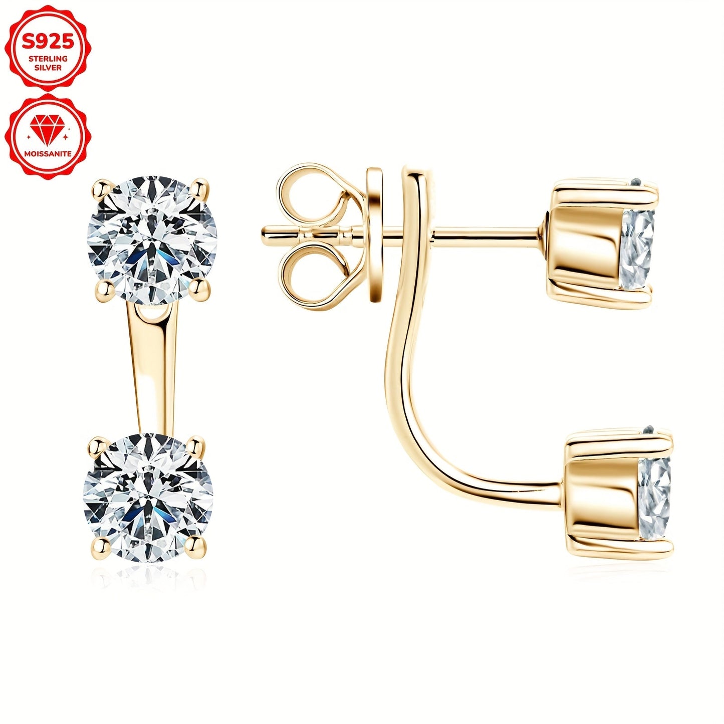 Sterling Silver Moissanite Drop Earrings with Golden Plating, featuring Simple Style and Convertible Studs. Includes 4 pieces of 5mm Round Synthetic Moissanite totaling 2.0ct, accompanied by a GRA Certificate. Perfect for Women's Wedding and Vacation