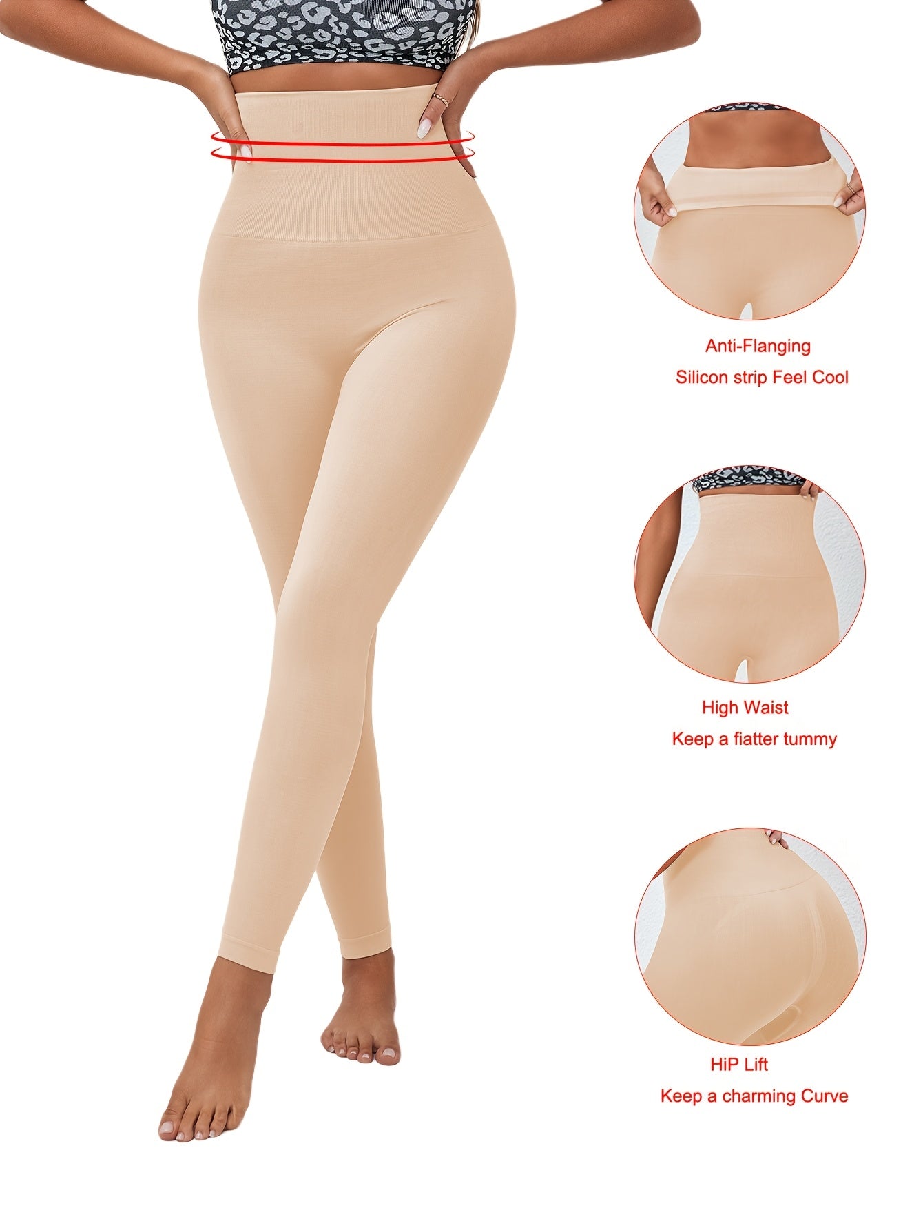 High-waist seamless leggings made of polyamide knit fabric, in solid color with high support, featuring anti-flab silicone strip for yoga and sports.