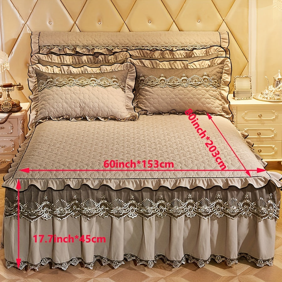 3-piece set of solid color quilted sandwich love quilt with high-rise lace bed skirt. Includes 1 bed skirt and 2 pillowcases. Multi-layer lace embellishment, fashionable and beautiful.