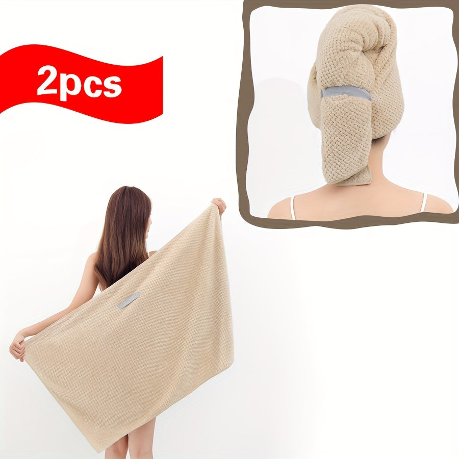 Fast-drying microfiber hair towel for women with long, thick, and curly hair. Soft coral fleece material with elastic band for everyday comfort. Beige textured design for quick drying.