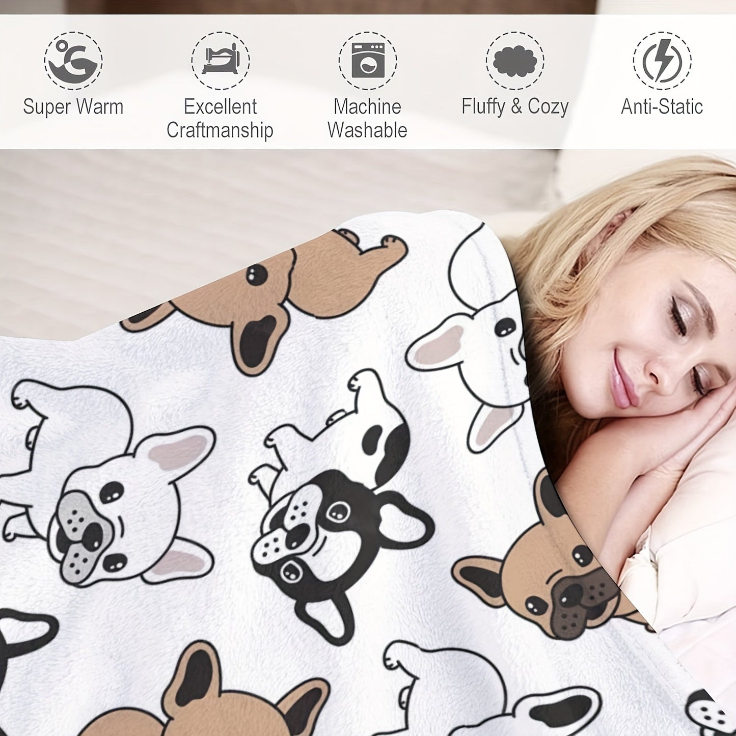 Cozy up with this adorable French Bulldog Flannel Blanket! Perfect for all seasons, this blanket is tear-resistant and stain-resistant for long-lasting durability. With a playful dog design and mixed colors, it's a versatile addition to your bed or sofa.