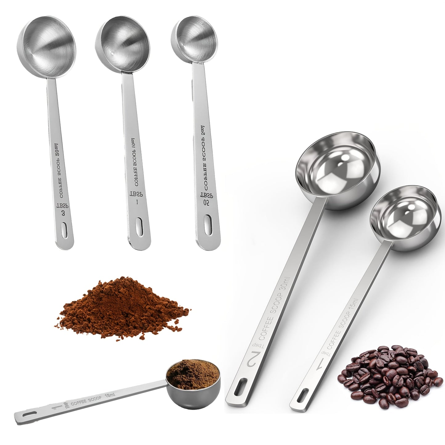 Set of long-handled stainless steel coffee scoops with multiple measurement options, suitable for ground coffee, tea, and powders. Ideal for travel, camping, and gifting, as well as for measuring loose tea. Includes 5ml, 10ml, 15ml, 20ml, and 30ml scoops.