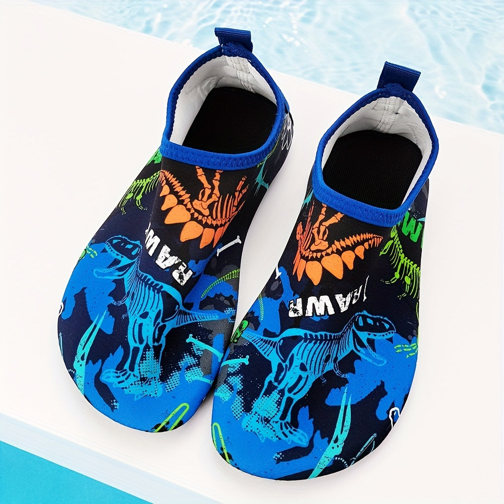 Toddler Boys Dinosaur Beach Shoes, Lightweight Water Shoes for Swimming and Surfing, in Black and Blue for Little Kids and Big Kids.