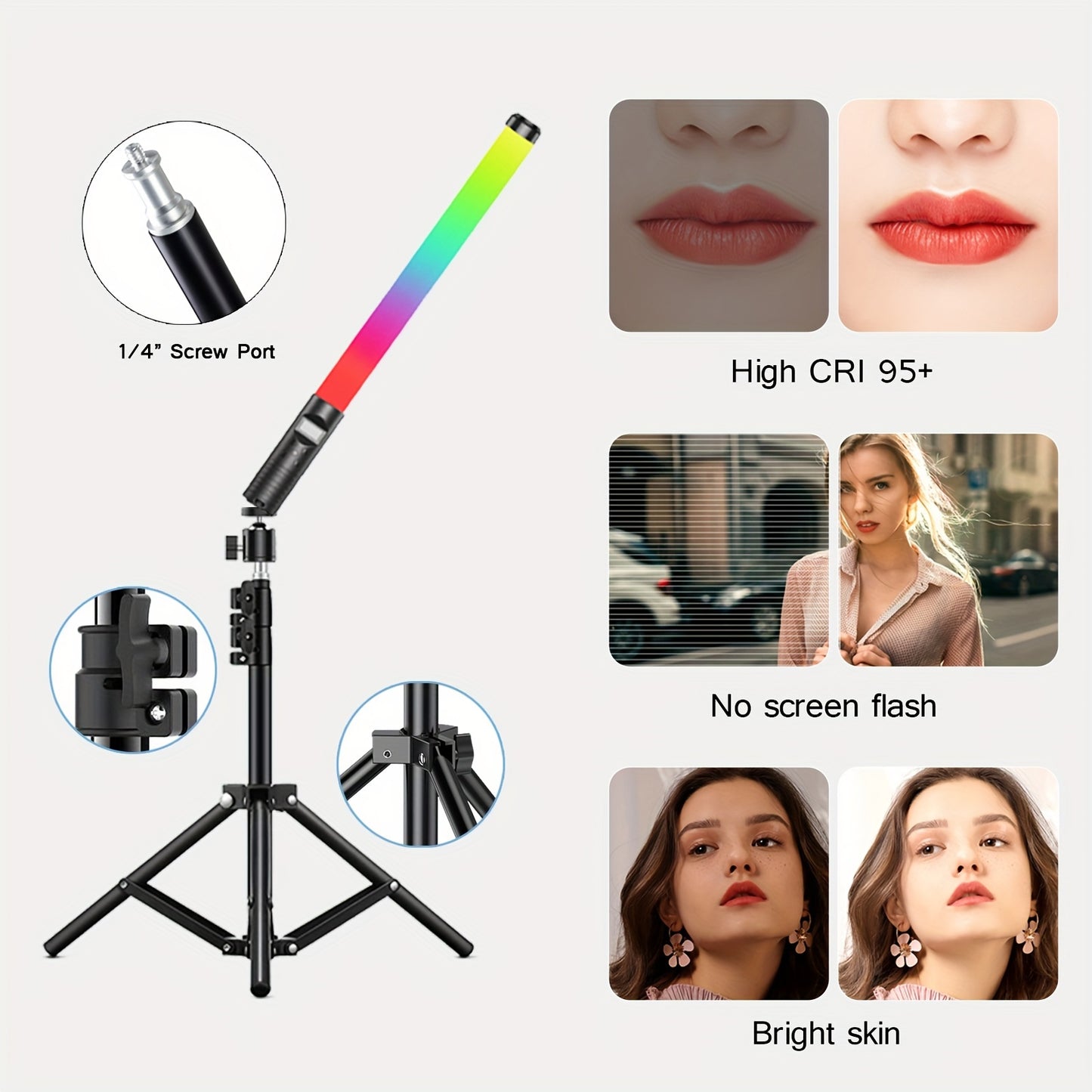 Handheld RGB video stick light with adjustable color temperature and CRI 95+, built-in battery, tripod stand, and dimmable panel for various uses.