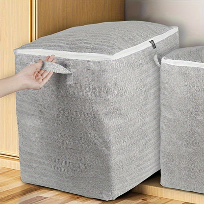 Extra-large durable non-woven fabric storage bin with lid, handles, herringbone pattern, zipper closure, ideal for organizing clothes, quilts, toys in home, bedroom, dorm.