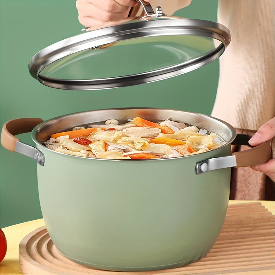 A set of two Stainless Steel Cooking Pots, featuring a Silicone Double Ear design for easy handling. The set includes one Pot and one Pot Lid, both equipped with Silicone Handles and Rivet Reinforcement for added durability. These pots are designed to be