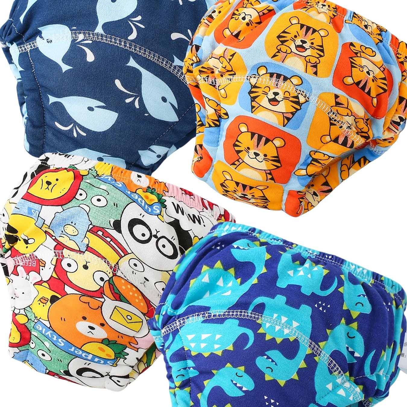 4 Boys' Cotton Training Pants – Comfortable, Breathable, Absorbent Potty Training Diapers with Animal Patterns (Space, Whales, Dinosaurs, Floral) – Machine Washable, All-Season Use