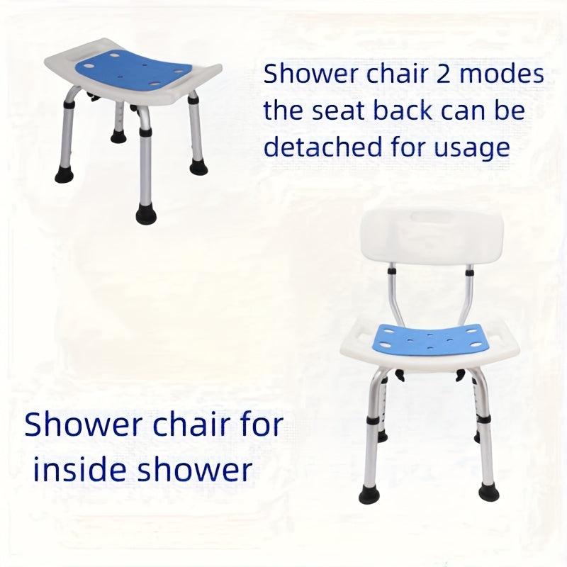 Anti-slip bath chair for elderly, pregnant women, and youngsters. Aluminum construction with no-drill installation. Anti-fall shower stool for bathroom.