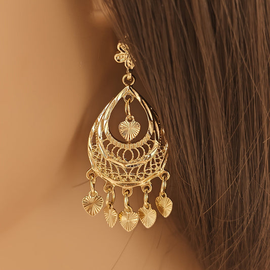 Elegant Golden Heart Tassel Drop Earrings - Vintage Inspired Hollow Design Perfect for Weddings, Parties, and Everyday Glam. Complete your look with this beautiful Boho Jewelry Set including a Necklace and Earrings for Women.